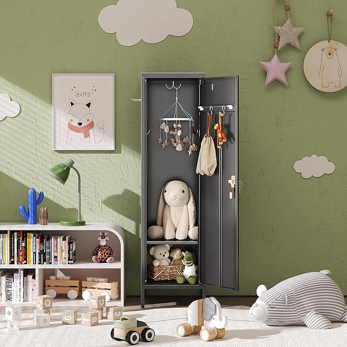 Aobabo Metal Storage Locker with Handle Lock, 54" H Steel Locker with Metal Hooks and Adjustable Shelf for School, Home, Office, Playroom, Assembly Required, Black-DeskLoop Office