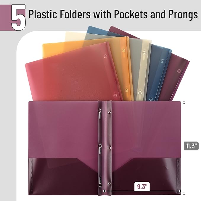 Mr. Pen- Plastic Folders with Pockets and Prongs, 5 Pack, Letter Size | Colorful - Image 2