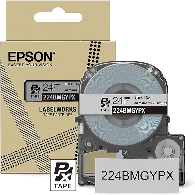 Epson LABELWORKS 224BMGYPX Genuine PET (Polyester) Tape Cartridge - Black on Matte Light Gray Designer Craft Label Maker Tape - 1" (24MM) Wide, 26'-DeskLoop Office
