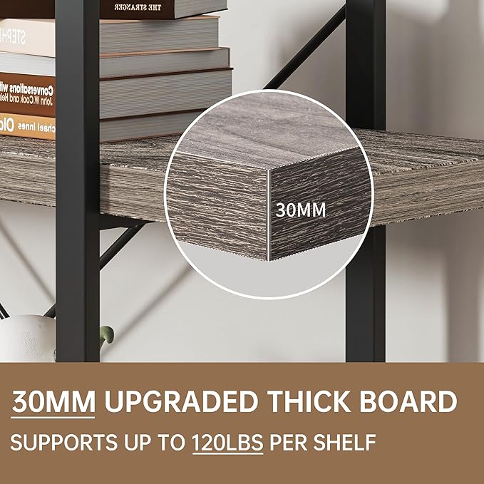 Heavy Duty 4-Tier Industrial Bookcase, 47" Wide Wood Bookshelf for Home Office, 120lbs Shelf Capacity, Rustic Shelving Display with Reinforced Horizontal Shelf for Living Room Bedroom,Grey-DeskLoop Office