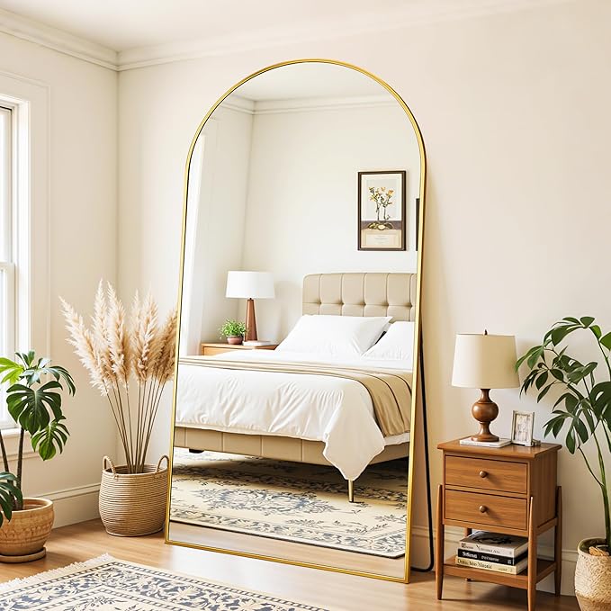 Full Length Mirror, 78"x38" Oversized Floor Mirror Freestanding, Full Body Mirror Floor Standing Mirrors with Stand, Hanging Mounted Mirrors for Bedroom Living Room, Gold, Arched Style-DeskLoop Office