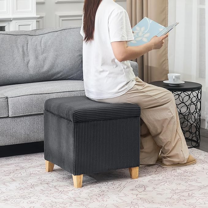 Adeco 18 Inch High Faux Fur Grey Cube Ottoman Storage, Fluffy Striped Velvet Chair Foot Stools, Small Bench Upholstered Vanity Stool with Hinged Lid, Solid Wood Legs-DeskLoop Office