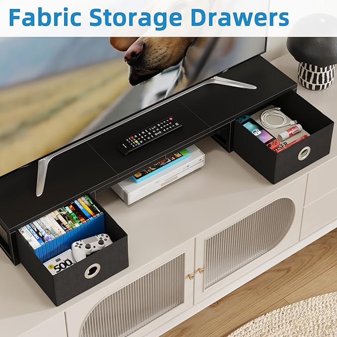 45" Large TV Riser with Fabric Drawers for 32-60 inch TV, TV Stand Riser with Steel Legs, Tabletop TV Riser Shelf, Monitor Stand Riser for Home Office, Black-DeskLoop Office