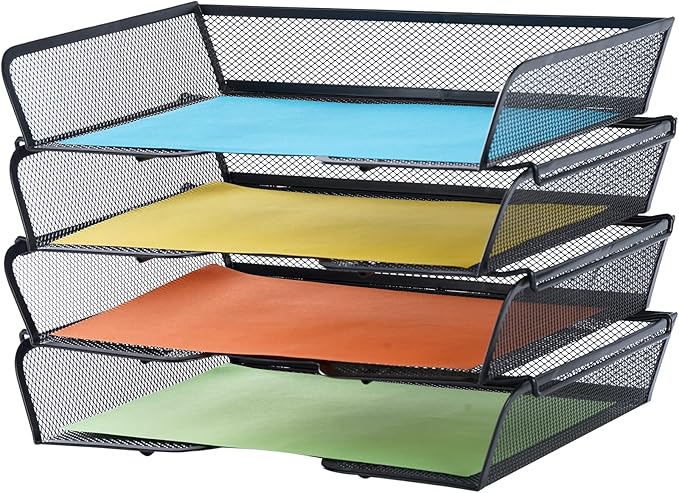 4 Tier Mesh Stackable File Trays Letter Trays, Office Paper Organizer by Mknana