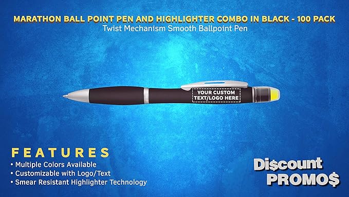 DISCOUNT PROMOS 100 Marathon Gel Highlighter Pens Pack - Customizable Text, Logo - Twist Mechanism, Ballpoint - Black