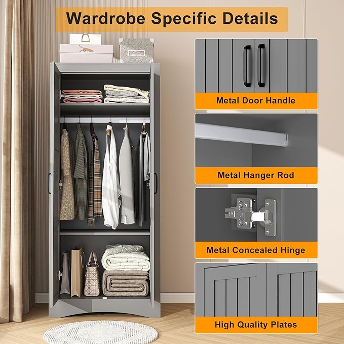2 Door Wardrobe Closet, Wood Armoire with 2 Shelves and Hanging Rod, Freestanding Tall Storage Cabinet, Bedroom and Guest Room Armoire Cabinet for Clothes Storage, Gray-DeskLoop Office