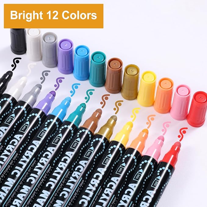 12 Colors Waterproof Dual Tip Acrylic Paint Pens, Dot & Fine Tip Premium Coloring Drawing Markers Set for Wood, Rock Painting, Canvas, Glass, Ceramic Surfaces and DIY Crafts Making Art Supplies-DeskLoop Office