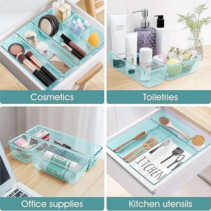 WOWBOX 25 PCS Plastic Drawer Organizer Set, 4 Sizes Desk Drawer Divider Organizers and Storage Bins for Makeup, Jewelry, Gadgets for Kitchen, Bedroom, Bathroom, Office, Sea Blue-DeskLoop Office