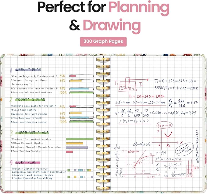 Spiral Graph Paper Notebook Journal for Work, 300 Pages, Thick B5 (7.1"x10") Grid Journals for Women & Writing, Hardcover Notebook for Note Taking, Perfect for Work School Note Taking Business, Floral-DeskLoop Office