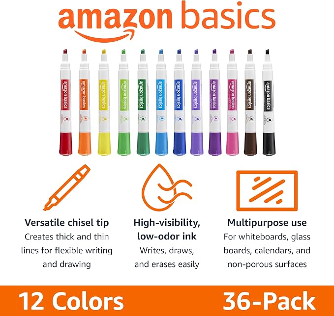 Amazon Basics Low-Odor Dry Erase Whiteboard Markers, Chisel Tip, 12 Assorted - Image 2