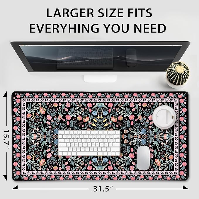 Black Floral Desk Mat, 31.5"x15.7" Large Mouse Pad, Anti-Slip Rubber Base - Image 7