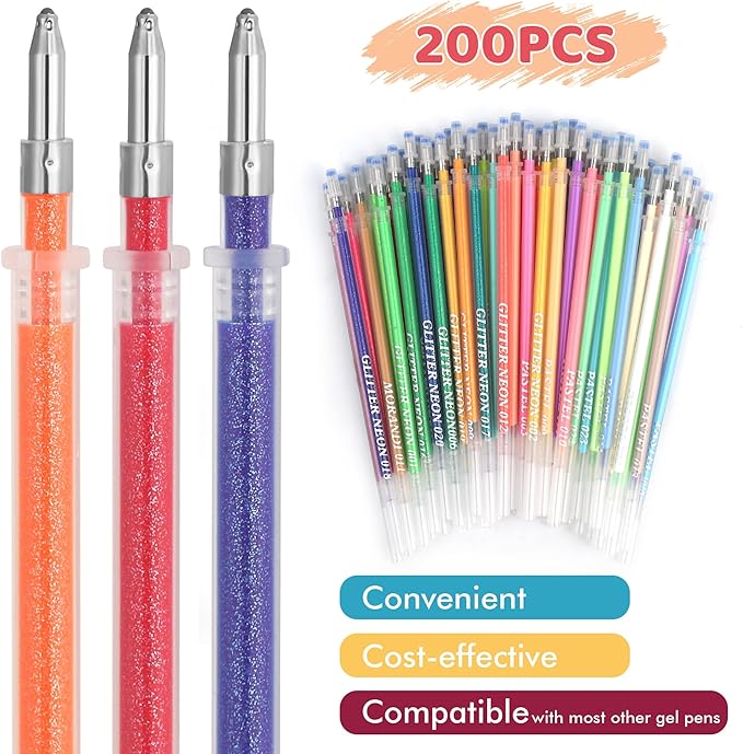 200 Colors Gel Pen Refills, Glitter Neon Gel Ink Pens Refills,Replace Cartridges for Gel Pens Set,9 Color Type for Kids Adult Coloring Books Drawing Doodling Crafts Scrapbooking Journaling,No Repeats-DeskLoop Office