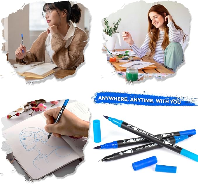 ZSCM Blue Duo Tip Marker Pens, 12 Pack Fine & Brush Markers - Image 7