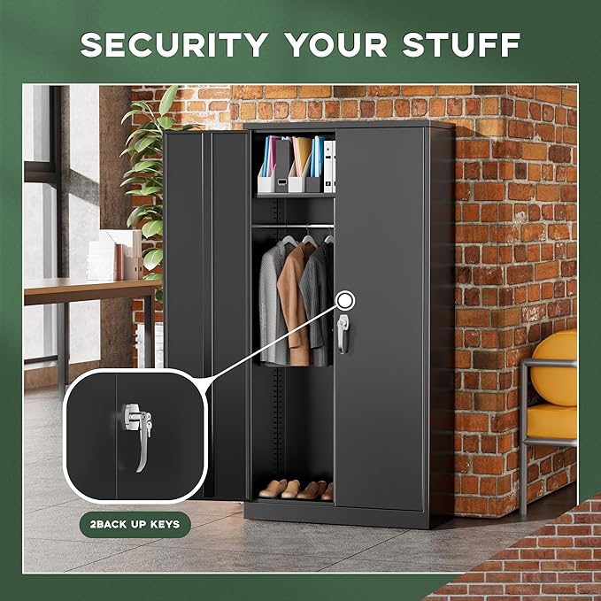 Greenvelly Metal Wardrobe Cabinet with Locking Doors, 72"H Black Metal Wardrobe Closet with Hanging Rods and Adjustable Shelves, Clothing Storage Closet for Home, Office, Employee, Gym (16" D x 32" W)-DeskLoop Office