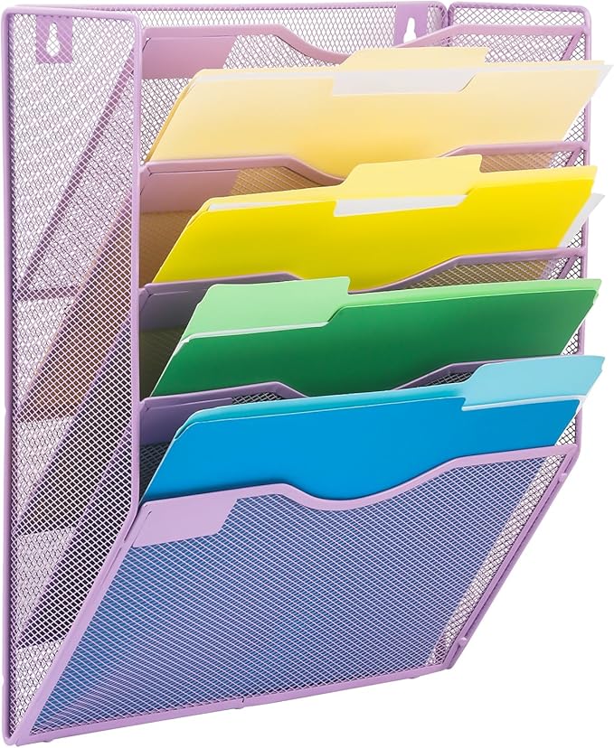EASEPRES 5 Pocket Mesh Hanging Wall File Organizer, Wall Mounted Mail Paper Document Folder Holder, Clipboard Storage Organization Magazine Rack with Nametag Label for Office Home School, Light Purple-DeskLoop Office