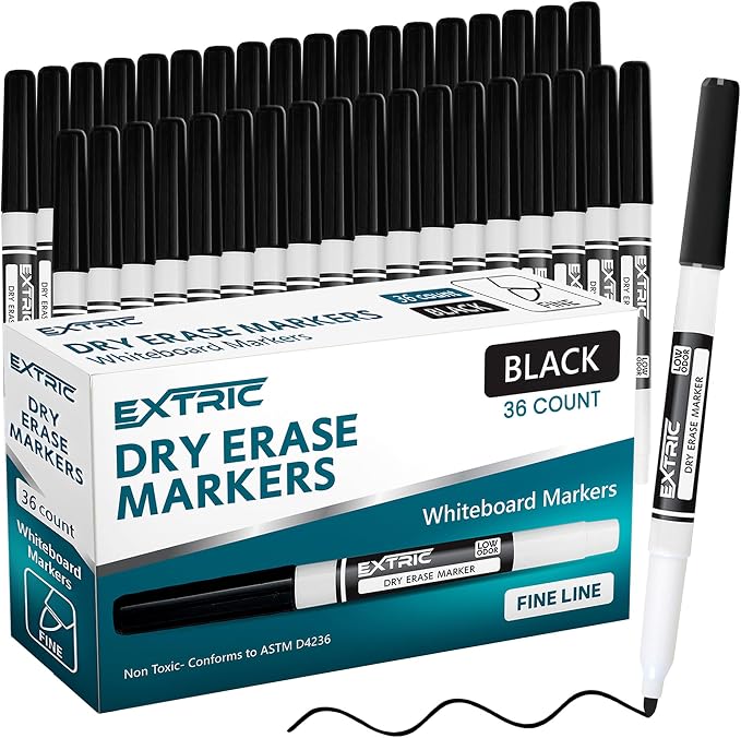 EXTRIC Black Dry Erase Markers Fine Tip 36 PK Whiteboard Markers | Use: School by EXTRIC