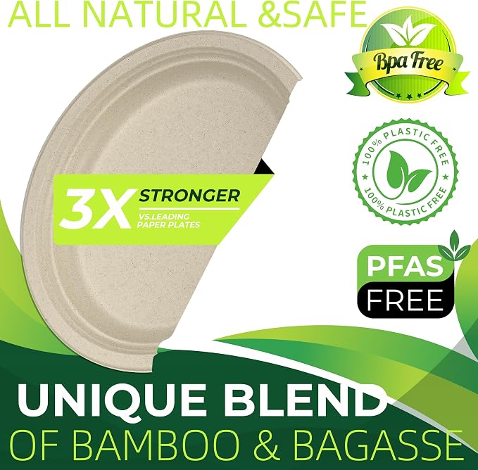 100PCS 100% Compostable Original Oval Paper Plates, Heavy Duty Disposable Plates - Image 3