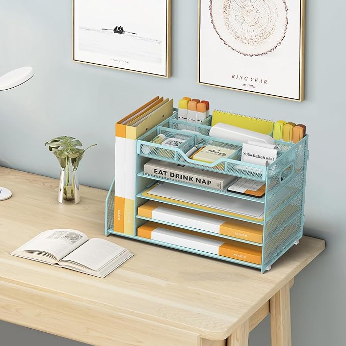 5 Tier Paper Letter Tray with File Holder and 3 Drop-in Pen Holders, Mesh Desk - Image 6