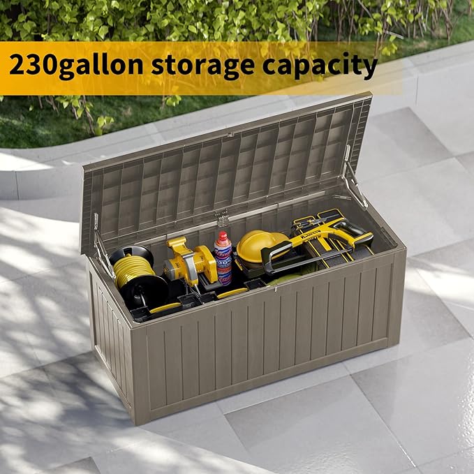 270 Gallon Outdoor Storage Box Waterproof Lockable Resin Deck Box Large, Patio Storage Bin for Pool Accessories Cushion Furniture, Garden Tools, UV-Resistant Outside Delivery Grey-DeskLoop Office