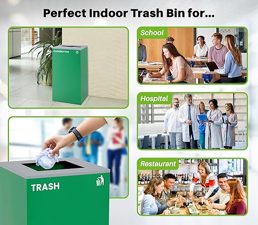 Alpine Commercial Indoor Recycle Bin - 29 Gallon Modern Looking Green Recycle Bin, Office Recycling Bins, Metal Trash and Recycling Container with Stickers & 3 Optional Lids (lid Sold Separately)-DeskLoop Office