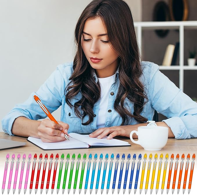 Zonon 38 Pieces Rubberized Ballpoint Pen with Stylus Tip Stylish Metal Pen Capacitive Styli with Soft Rubberized Grip, Black Ink for Most Devices(Chic Colors)-DeskLoop Office