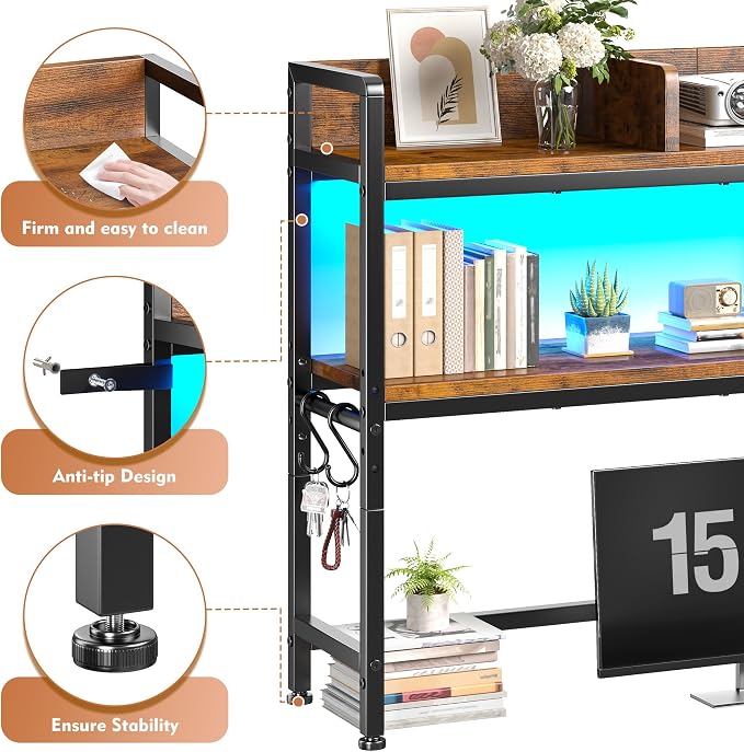 REIBII 45.2" Desk Shelf with LED Lights and Hooks, 2-Tier Adjustable - Image 4