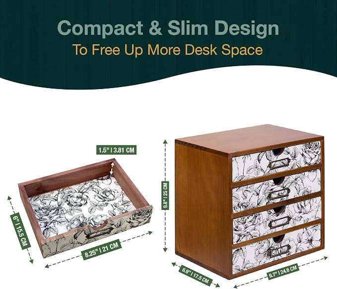 Vintage Desk Organizer with 4 Black & White Floral Drawers - Image 2