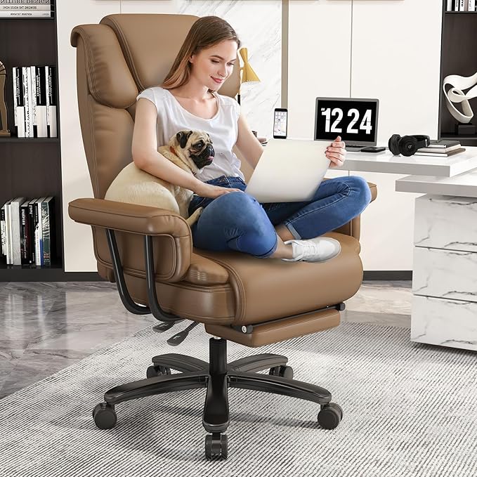 GYI Criss Cross Chair with Wheels, 160°Big and Tall Reclining Office Desk Chair with High Back, Wide Seat, Arms, Footrest, Brown-DeskLoop Office