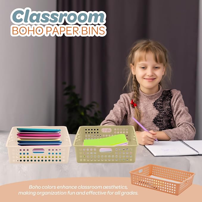 4E's Novelty 6 Pack Classroom Paper Baskets, Organizing Desk Boho Tray - Image 8