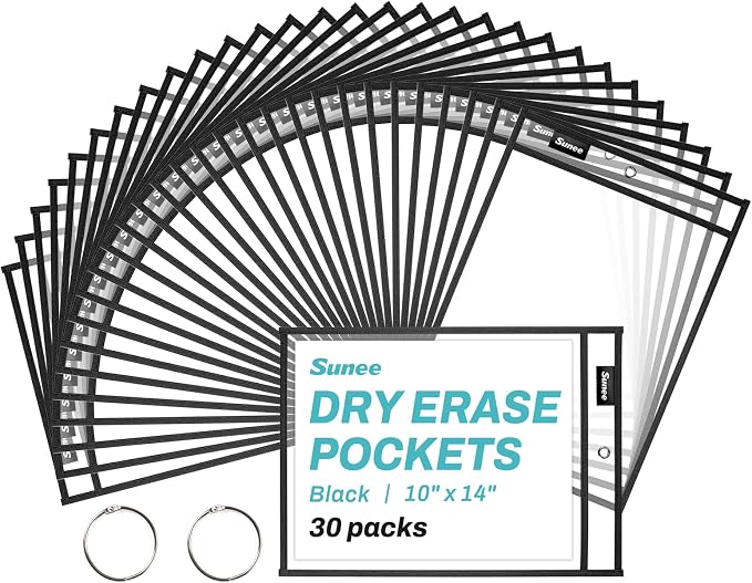 SUNEE 30 Packs Oversized Reusable Dry Erase Pocket Sleeves by SUNEE