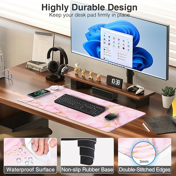 Pink Marble Mouse Pad with 15W Wireless Charging, 31.5"x15.8" Large Gaming Desk - Image 5