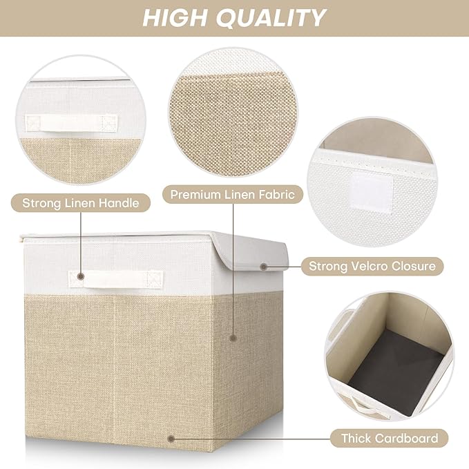 Large 17" 42 Quarts Collapsible Stackable Storage Bins with Lids [3-Pack] Foldable Fabric Linen Storage Boxes Cube, Closet Organizer Baskets with Label (16.7 x 12 x 12", Beige & White)-DeskLoop Office