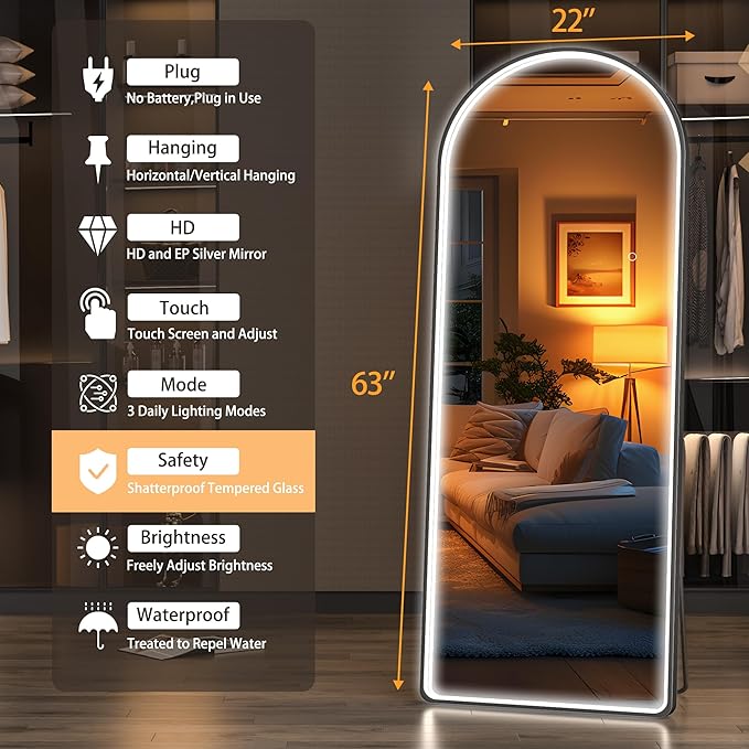 Hasipu 63" x 22" Led Mirror Full Length, Full Body Mirror with Lights, Arch Design, Wall Mounted, English Style-DeskLoop Office