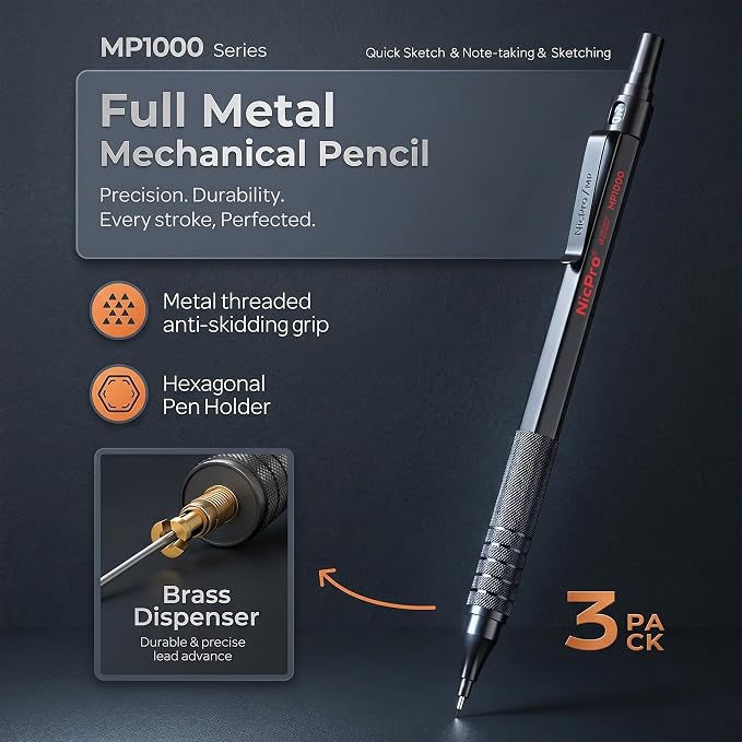 Nicpro Mechanical Pencils 0.7mm in Case, 3 Pack Metal Mechanical Pencils Set - Image 2