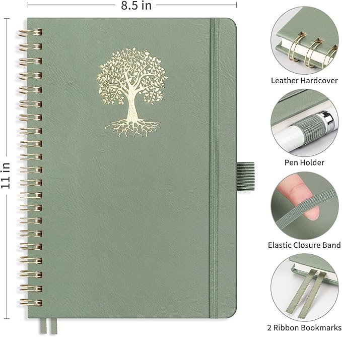 RETTACY Spiral Journal Notebook, 110 Numbered Pages, A4 Large Size (8.5'' x 11''), for Men & Women, Journaling, Writing, Work & Office, Leather Hardcover, 100 GSM Thick Paper (Light Green)-DeskLoop Office