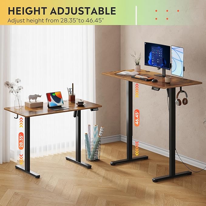 DEVAISE 48 Inch Electric Standing Desk, 3 Adjustable Height Stand up Desk for Home Office, Ergonomic Sit to Stand Desk with LED Touchscreen and Hook, 3 Memory Preset Computer Desk (Rustic Brown)-DeskLoop Office