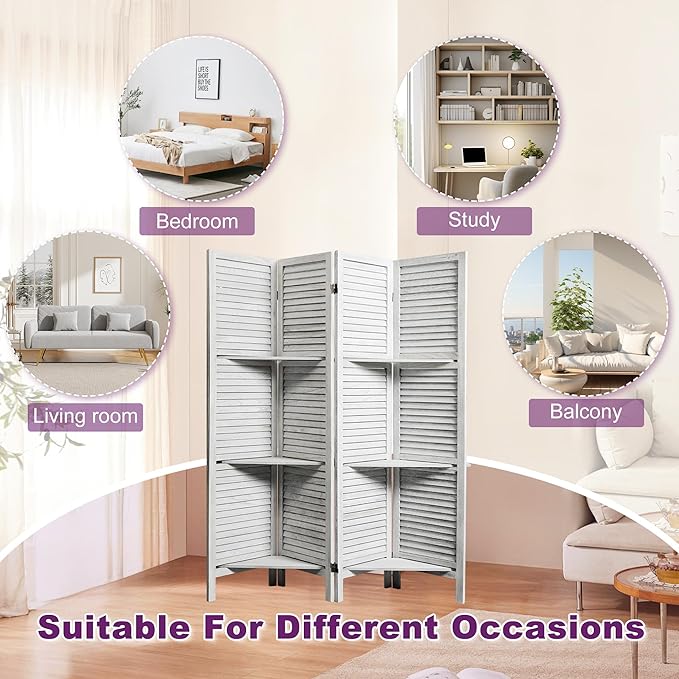 Room Divider with Shelves, 5.6FT Folding Room Divider Panel, 4 Panel Wood Partition Wall Divider for Room Separation, White-DeskLoop Office