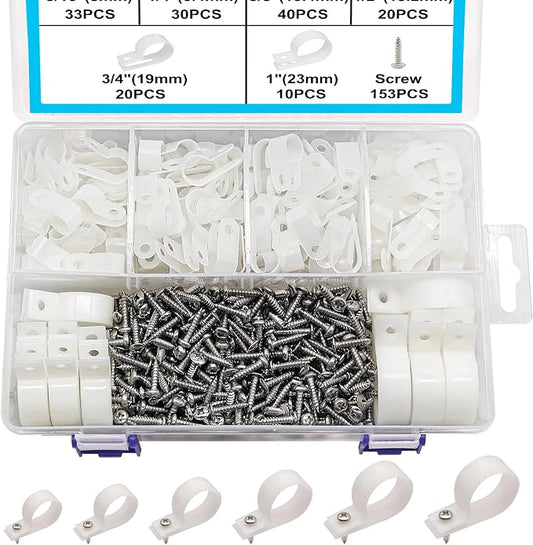 TWTADE 306PCS White Cable Clamps Assortment Kit, Nylon Plastic R-Type 6 Sizes by TWTADE