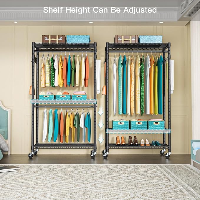 P1 Heavy Duty Garment Rack, 3 Tiers Adjustable Rolling Metal Closet Organizer with Lockable Wheels, FreeStanding Wardrobe with Double Hanger Rods & 1 Pair Hooks, Max Load 450 LBS, Black-DeskLoop Office