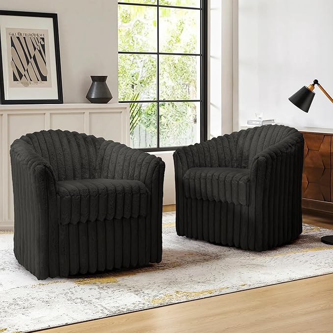 UIXE Faux Fur Swivel Accent Chair, Set of 2, Modern Upholstered Armchair Barrel Club Chair for Living Room, Chocolate-DeskLoop Office