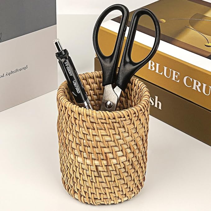 Wicker Rattan Pencil Holder, Cylindrical Desk Organizer Cup, Natural Brown - Image 3