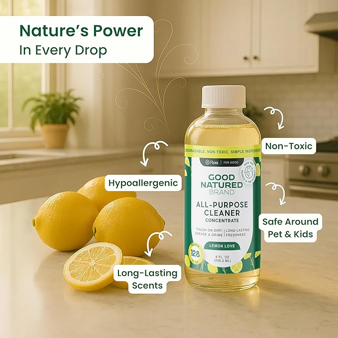 Good Natured Brand All-Purpose Cleaner Concentrate | Multi-Surface Cleaner | Natural Lemon Essential Oil | Multipurpose Cleaner Concentrate All Surfaces | Lemon Love | 8oz makes 128oz-DeskLoop Office