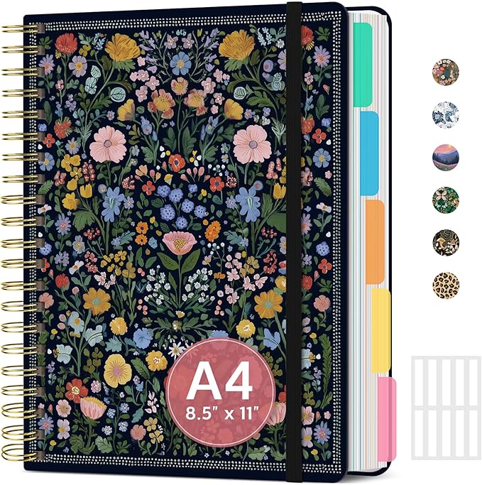 Large Lined Spiral Journal for Women Cute Hardcover 5 Subject Notebook for Work by Taja