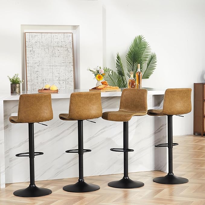 HeuGah Bar Stools Set of 3, Swivel Counter Height Barstools with Back, Adjustable Height 24" to 32", Whiskey Brown Faux Leather Bar Chairs for Kitchen Island (Whiskey Brown, Set of 3 (24'' to 32''))-DeskLoop Office