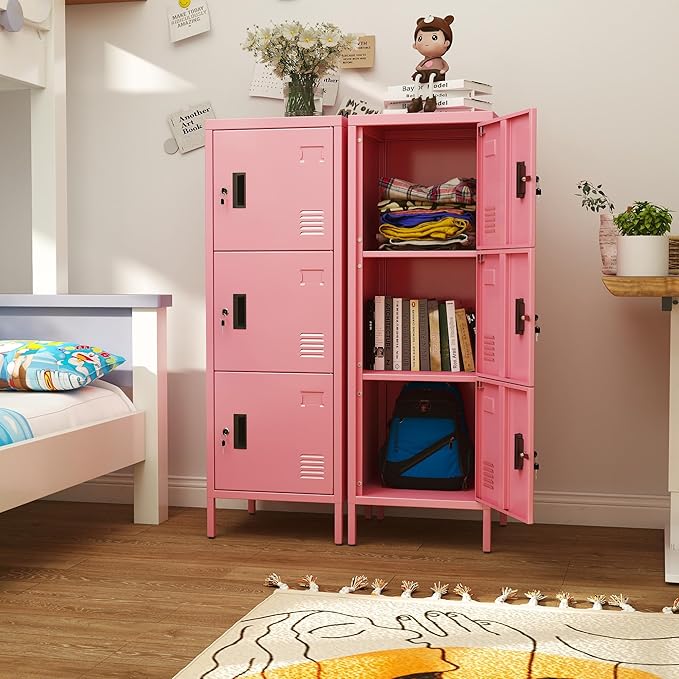Aobabo 16" W 3 Door Metal Storage Locker with Lock, 47" H Steel Locker with Name Card Holder and Metal Leg for School, Home, Office, Playroom, Assembly Required, Pink-DeskLoop Office