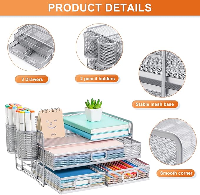 Marbrasse 3 Tier Mesh Desk Organizer with Drawer, Multi-Functional Desk Organizers and Accessories, Paper Letter Organizer with 2 Pen Holder for Home Office Supplies (Silver)-DeskLoop Office