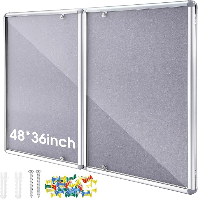 Enclosed Bulletin Board 48" x 36" Weather Resistant Lockable Notice Cork Display Board Wall Mounted 2 Locking Door for School Classroom Commercial Back to School, 12 x A4(Gray, Silver Frame)-DeskLoop Office