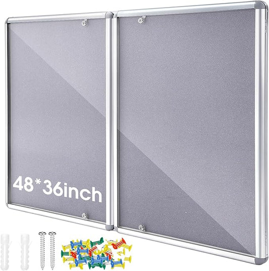 Enclosed Bulletin Board 48" x 36" Weather Resistant Lockable Notice Cork Display Board Wall Mounted 2 Locking Door for School Classroom Commercial Back to School, 12 x A4(Gray, Silver Frame)-DeskLoop Office