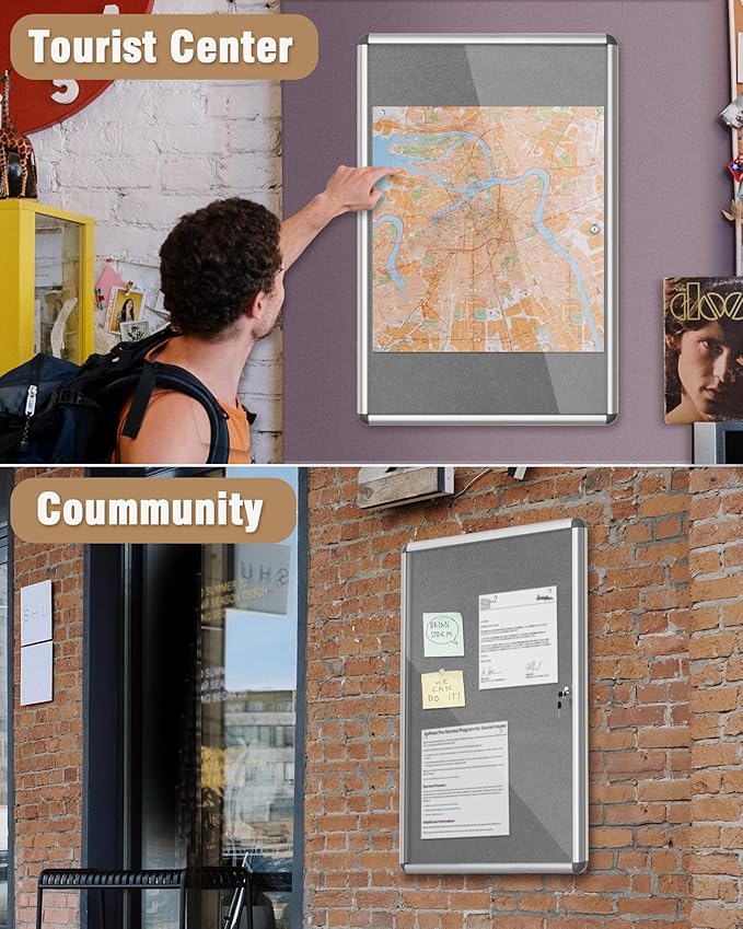 36"x24" Enclosed Bulletin Board, Lockable Weather-Resistant Aluminum Cork Noticeboard for School & Office, Silver Frame w/Grey Flet-DeskLoop Office