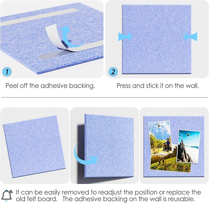 MaxGear Felt Bulletin Board 36" x 24", Light Blue Felt Wall Tiles Push Pins | - Image 4